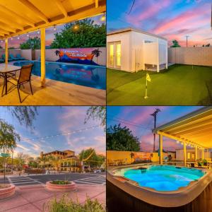 a collage of photos with a pool and a house at Scottsdale 4 Bedroom Vacation Home with Pool, Hot Tub, and Mini Golf Near Old Town Entertainment and Dining! Great for Families! Near Airport in Scottsdale