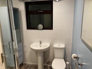 a bathroom with a sink and a toilet and a mirror at Marsh Garth in Grizebeck +28 photos