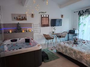 a bedroom with a tub and a bed and a table at escapade coeur provence in La Celle