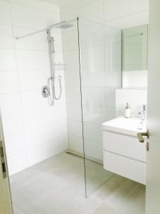 a white bathroom with a shower and a sink at Apartment Living in Schwabach