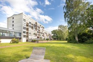 a bench sitting in the grass in front of a building at Altes Holzboot in Steinhude