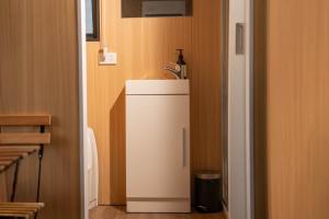 a small white refrigerator in a room with wooden walls at The Orchard View by Tiny Away in Nashdale +20 photos
