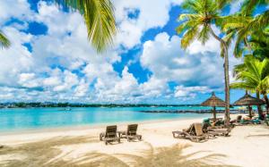 a beach with chairs and palm trees and the ocean at Salmaan Villa in Grand-Baie