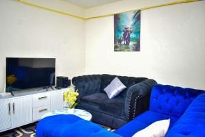a living room with a black couch and a tv at Cozy Homes in Thika
