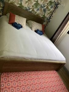 a bed with two blue shoes on top of it at Le repaire de la mare in Salazie