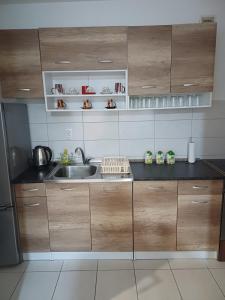 a kitchen with wooden cabinets and a sink at Apartman MD in Lukavica
