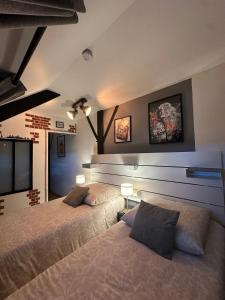 a bedroom with two beds and a flat screen tv at Les chambres du Bocage - Chambre Marylin in Bressuire