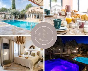 a collage of pictures of a villa with a swimming pool at La Bastide du Mûrier in Cotignac