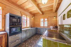 a kitchen with wooden walls and wooden ceiling at Roubenka Nové Hutě in Nové Hutě +16 photos