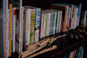 a shelf filled with books on a book shelf at Minshuku Kuroshima in Kuroshima +16 photos