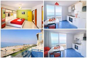 a collage of photos of a room with a view of the beach at LA BAIA DI NETTUNO Il Gatto e La Volpe in Venetico