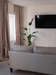 a living room with a couch and a plant at Berghotel Lindenhof in Siegsdorf