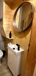 a bathroom with a white sink and a mirror at Chata Sauna Sosna in Litmanová