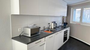 a white kitchen with a sink and a microwave at Modern apartment Pilatus view self check-in in Stans +24 photos