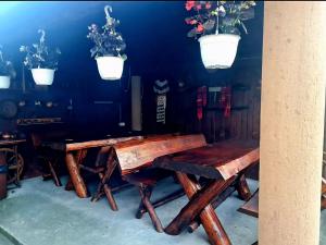 two wooden tables in a room with potted plants at Casa Ostrov in Călimăneşti +24 photos