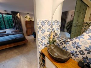 a bathroom with a sink and a mirror on a wall at Huize Triangel - Wellness studio met sauna in Noordwolde