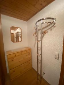 a shower in the corner of a bathroom with a dresser at Münsterblick in Wolframs-Eschenbach