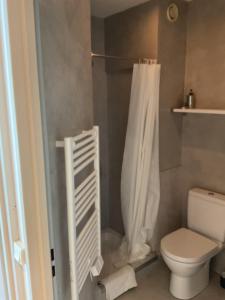 a bathroom with a toilet and a shower curtain at Studio Saint-Tropez Heraclée in Saint-Tropez