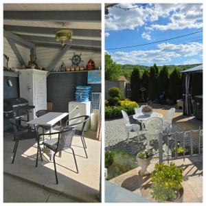 two pictures of a patio with a table and chairs at Kristály Pihenőház in Szekszárd