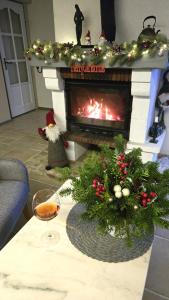 a living room with a fireplace with a christmas tree at Kristály Pihenőház in Szekszárd +16 photos
