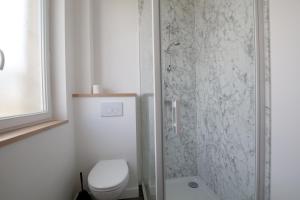 a white bathroom with a toilet and a shower at Le Logis d'Anaïs in Trémont