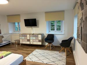 a living room with two chairs and a flat screen tv at Christoph's mountain and lake view in Pflach