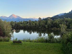 a bench sitting in the grass next to a lake at Christoph's mountain and lake view in Pflach