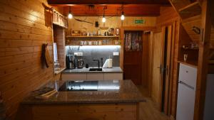 a kitchen with a counter and a sink in a cabin at Chata Sauna Sosna in Litmanová