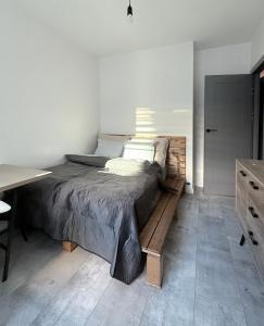 a bedroom with a bed with a desk and a table at FARFA Harmonia Oliwska in Gdańsk