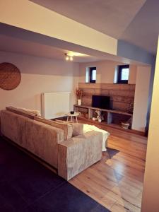 een woonkamer met een bank en een televisie bij B&B De Geythoek in Sijsele