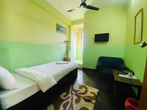 a bedroom with a bed and a chair and a television at Three Peaks Inn in Kathmandu
