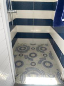 a blue and white bathroom with a stove in a shower at Villa Capri first floor in Quatre Bornes