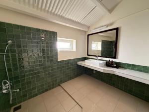 a bathroom with a shower and a sink and a mirror at Ellem House in Kotagiri
