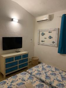 a bedroom with a bed and a flat screen tv at Camera La Cinta in San Teodoro +7 photos