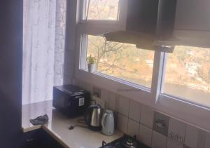 a kitchen counter with a microwave and a window at Bhimtal Lakeview Cottage in Bhīm Tāl
