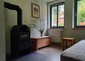 a room with a wood stove in a room at Herberge Landstreicher in Königstein an der Elbe