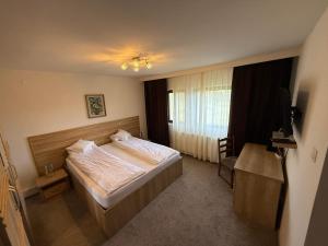 a hotel room with a bed and a window at K&I Panzió in Comolău