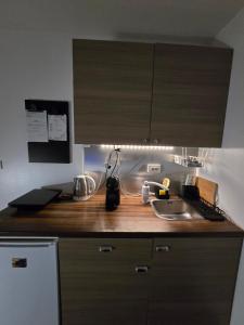 a kitchen counter with a sink and a microwave at Studio apartman Tara in Kutina