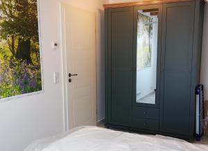 a bedroom with a green door and a window at Fewo Zur Windmühle in Pegau