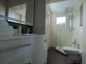 a bathroom with a sink and a toilet and a shower at Kirchenplatz 6 Apartment 17 in Warnemünde