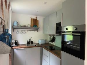 a kitchen with white cabinets and a black oven at Kleiner Sommerweg Bungalow in Diedrichshagen