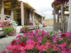 a garden of flowers in front of a building at Nikolaevsky Hotel in Vologda