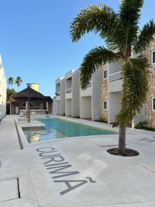 a palm tree sitting next to a swimming pool at Apartamento A03 - Curimã in Passo de Camarajibe