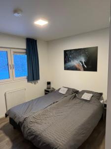 a bedroom with a bed and a picture on the wall at Luxe Chalet Inn Otterlo op de Veluwe aan het Water! in Otterlo