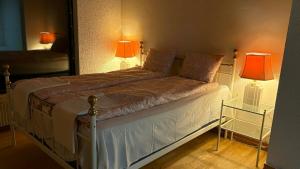 a bedroom with a bed with two lamps and a mirror at Rosen Hill in Nol