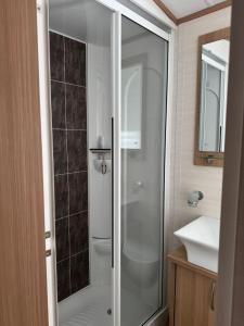 a bathroom with a shower and a sink at Carnaby Rosedale in Crowle +8 photos