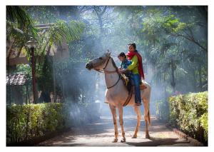Una mujer y un niño montando un caballo en una calle en Hotel Malas, en Panchgani