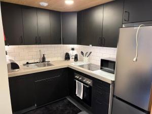a kitchen with black cabinets and a stainless steel refrigerator at Little Chalet Piguet in Gryon
