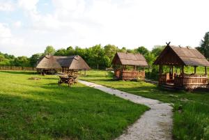 a group of gazebos in a field with a path at Dykyi Khutir in Melʼniki