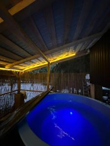 a blue tub in a room with a fence at Casa Laur cu plajă privată in Colibiţa